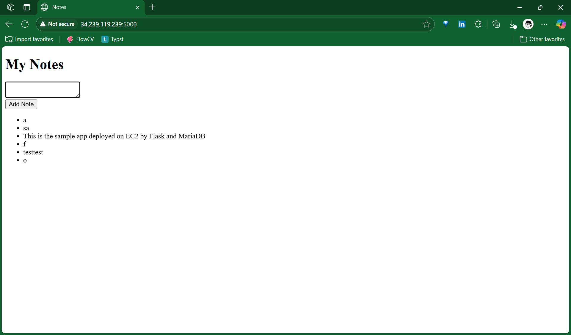 Browser showing the deployed My Notes app with saved notes on EC2 port 5000