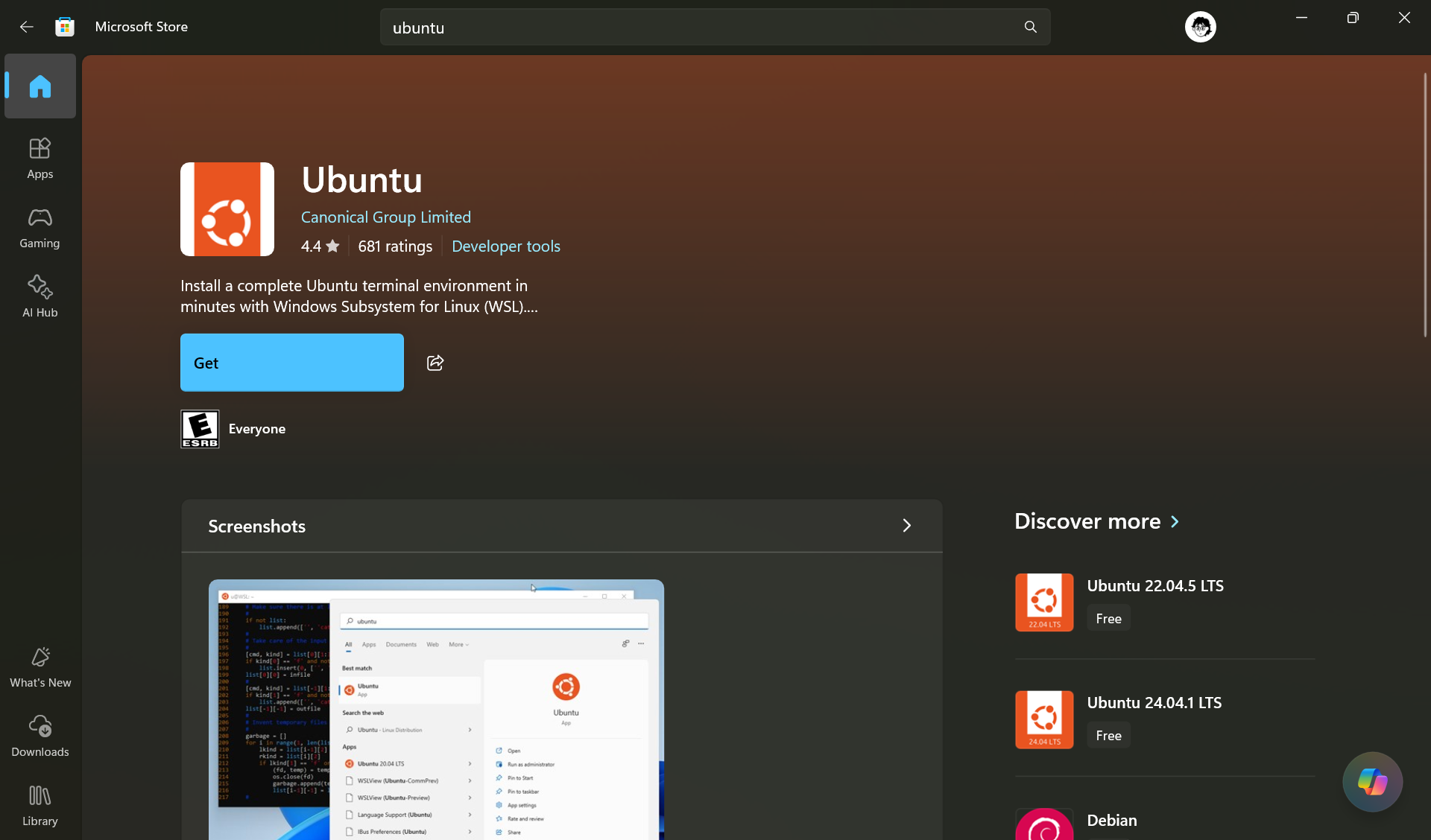 Microsoft Store listing for Ubuntu by Canonical with an Install button