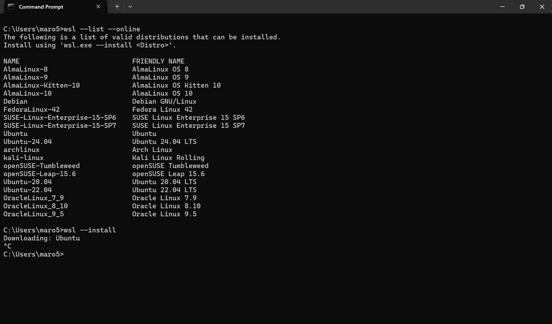 Command Prompt showing wsl --list --online distros and a wsl --install download run