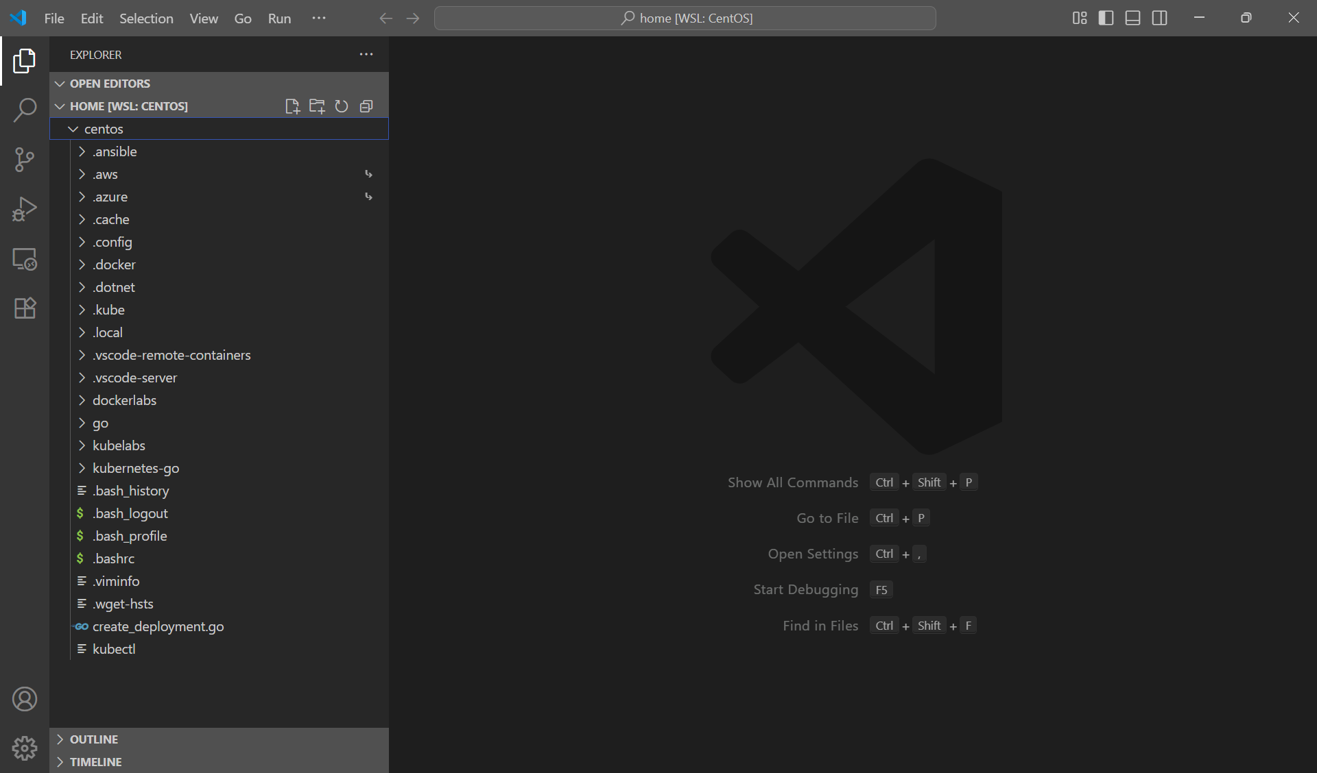 VS Code connected to WSL showing the CentOS home folder and files in the Explorer