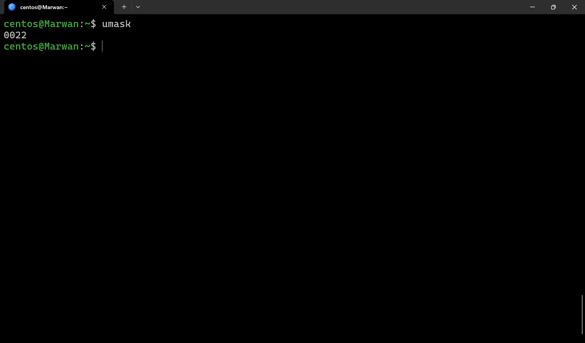 Terminal showing the umask command outputting 0022