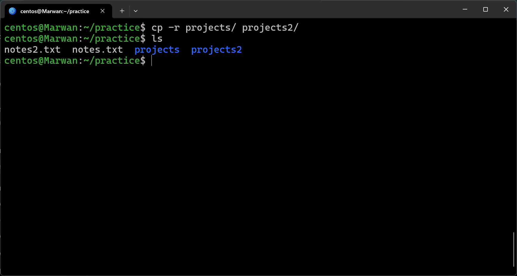 Terminal showing recursive copy of projects directory to projects2