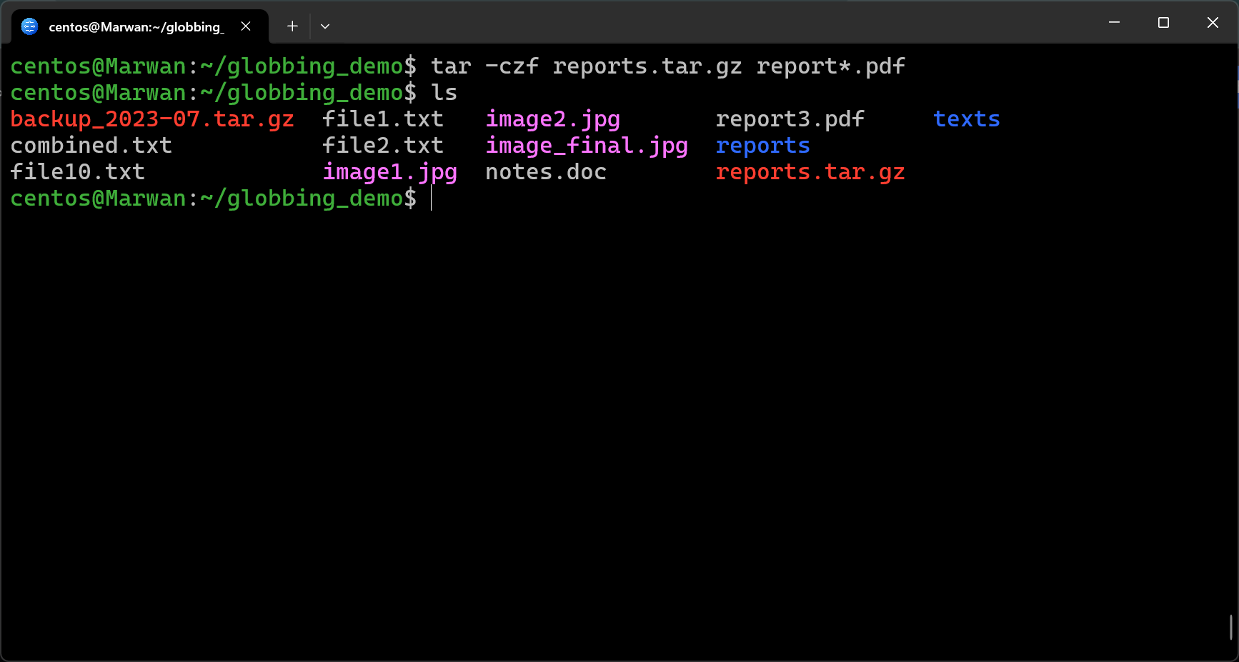 Terminal archiving PDF reports into reports.tar.gz confirmed by ls
