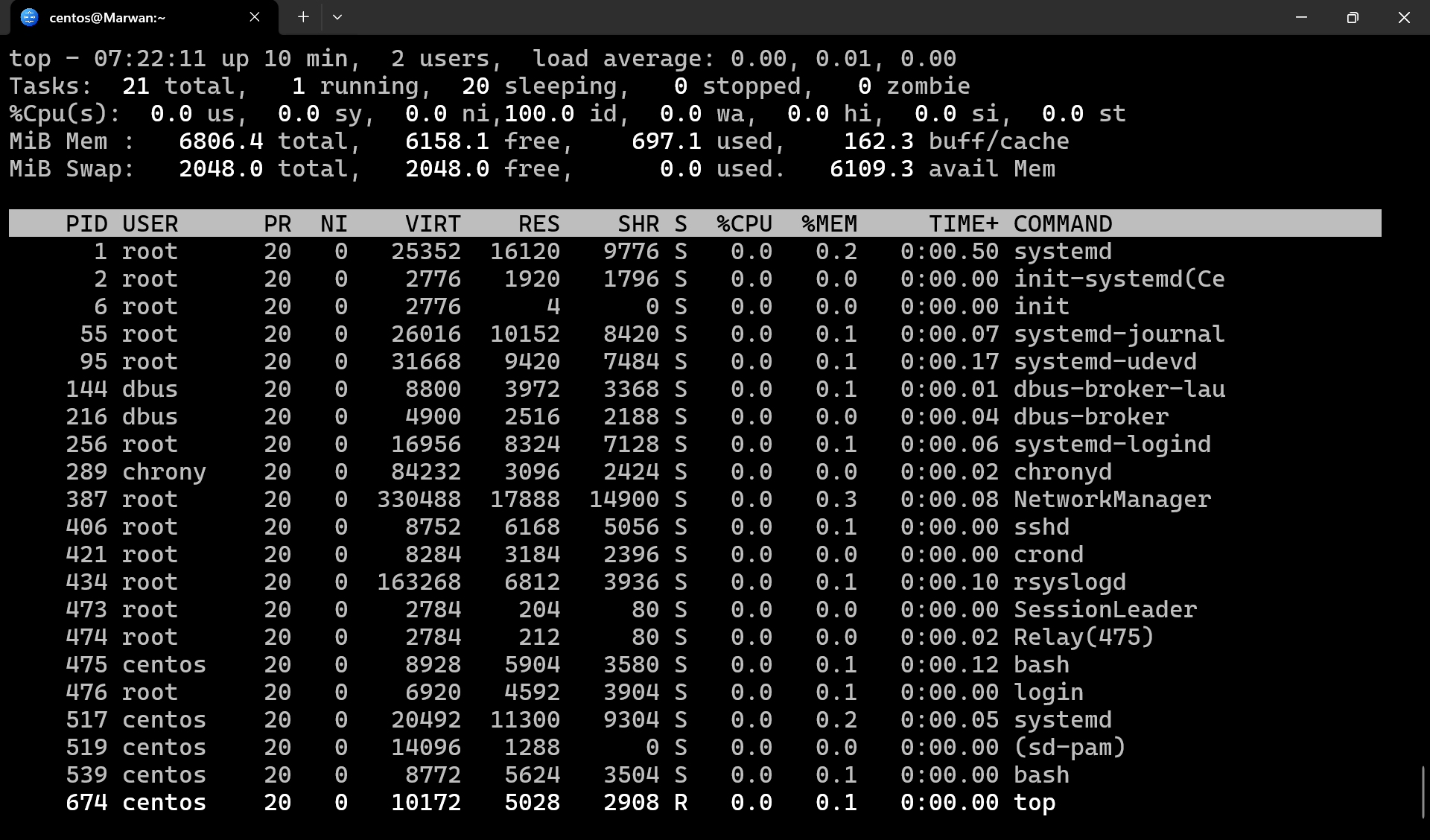 Terminal running top showing load averages and a live table of processes by CPU and memory use