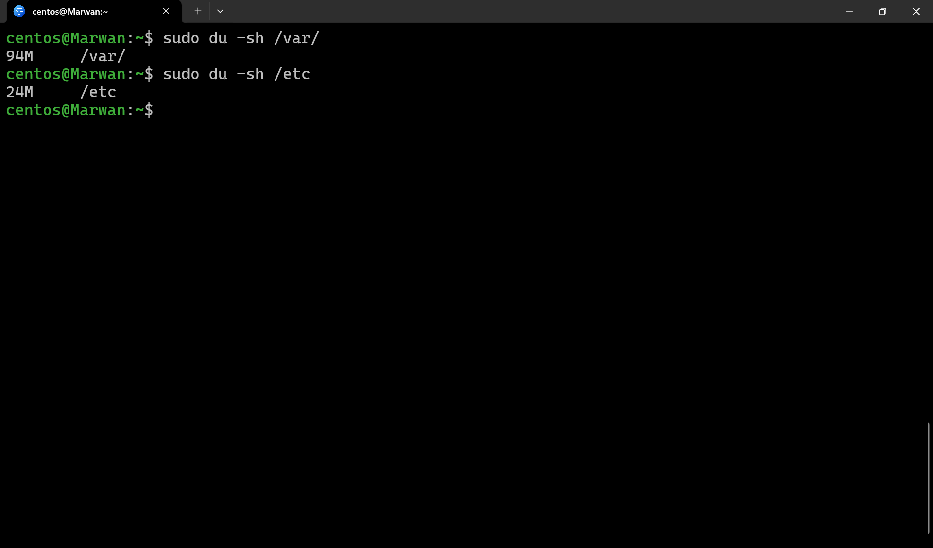 Terminal showing disk usage totals for /var and /etc directories