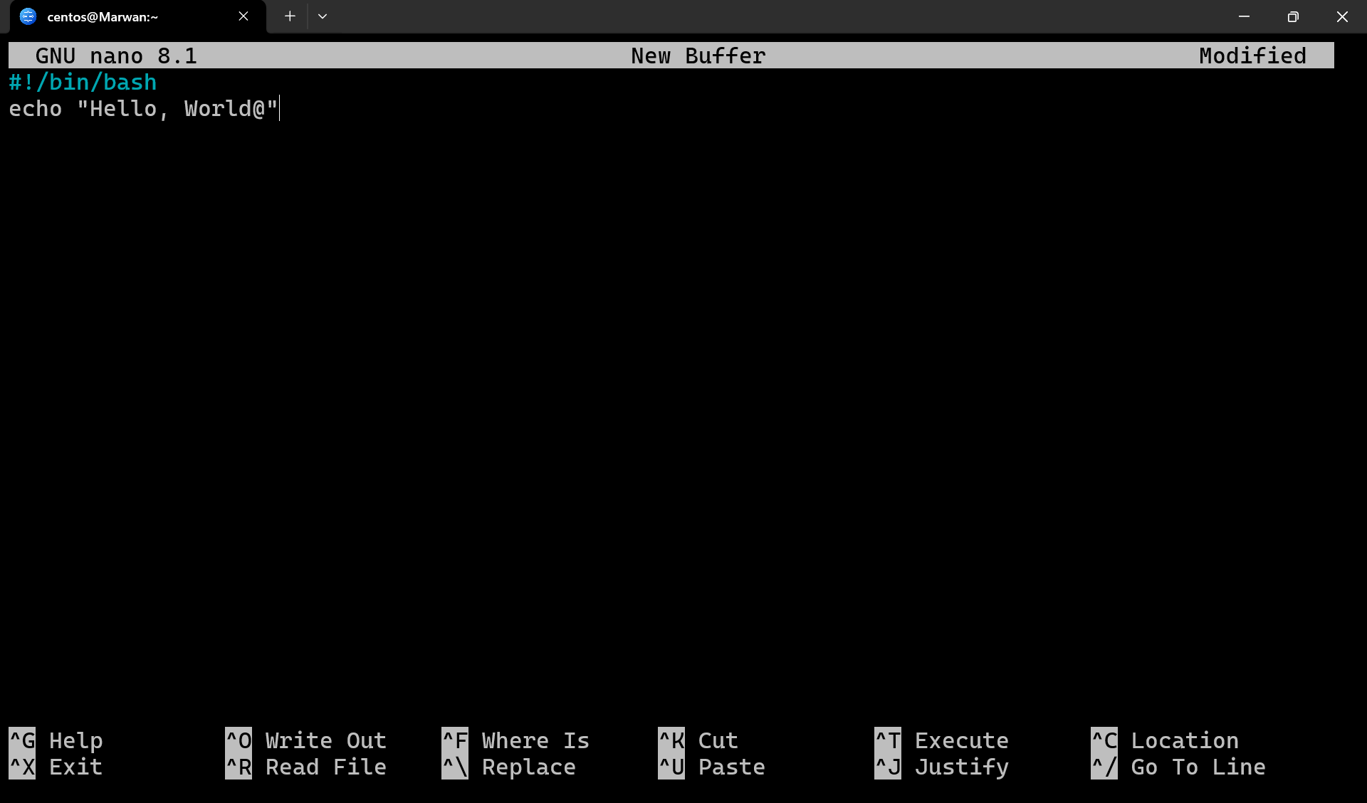 Nano editor showing hello.sh with shebang and Hello World echo command