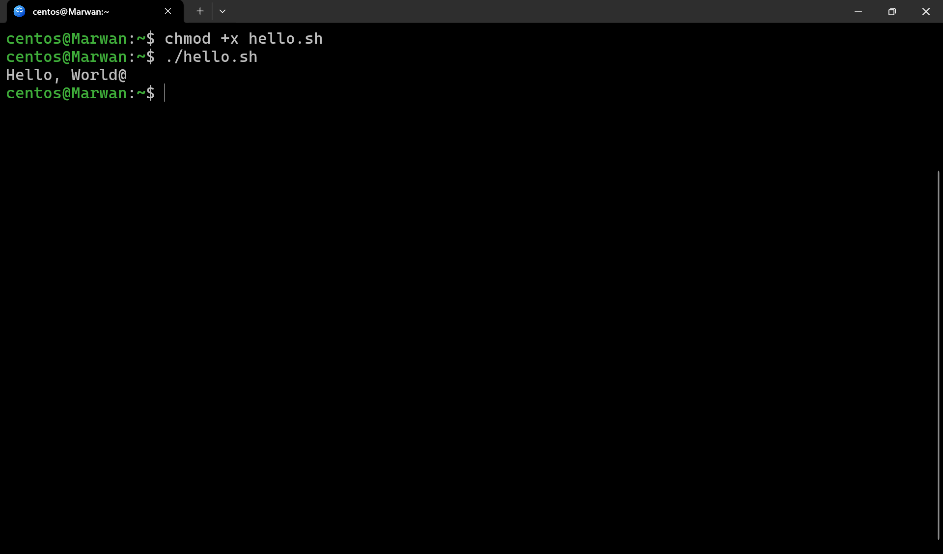 Terminal showing chmod, running hello.sh, and Hello World output