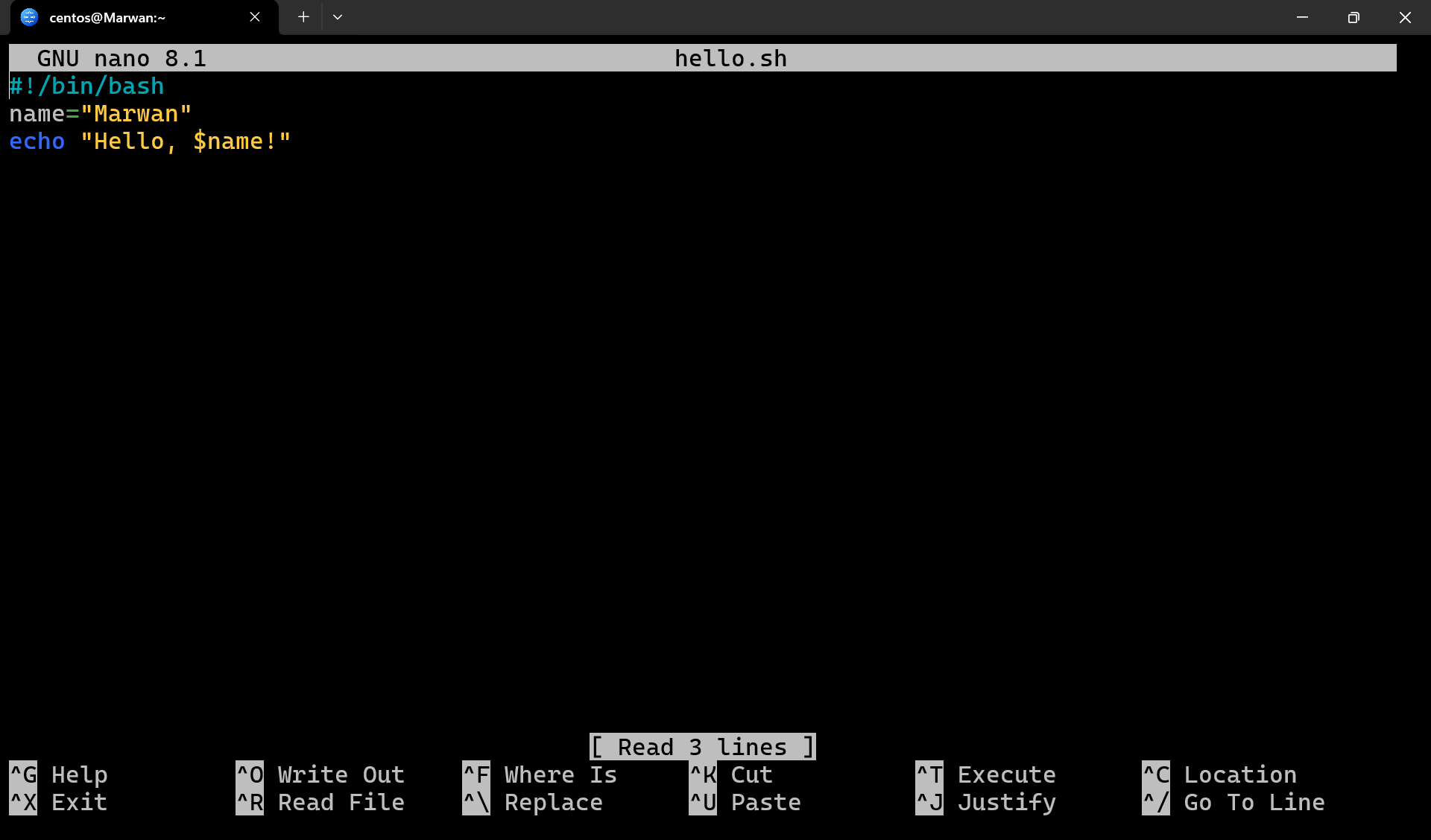 Nano editor showing variable script with name Marwan and echo greeting