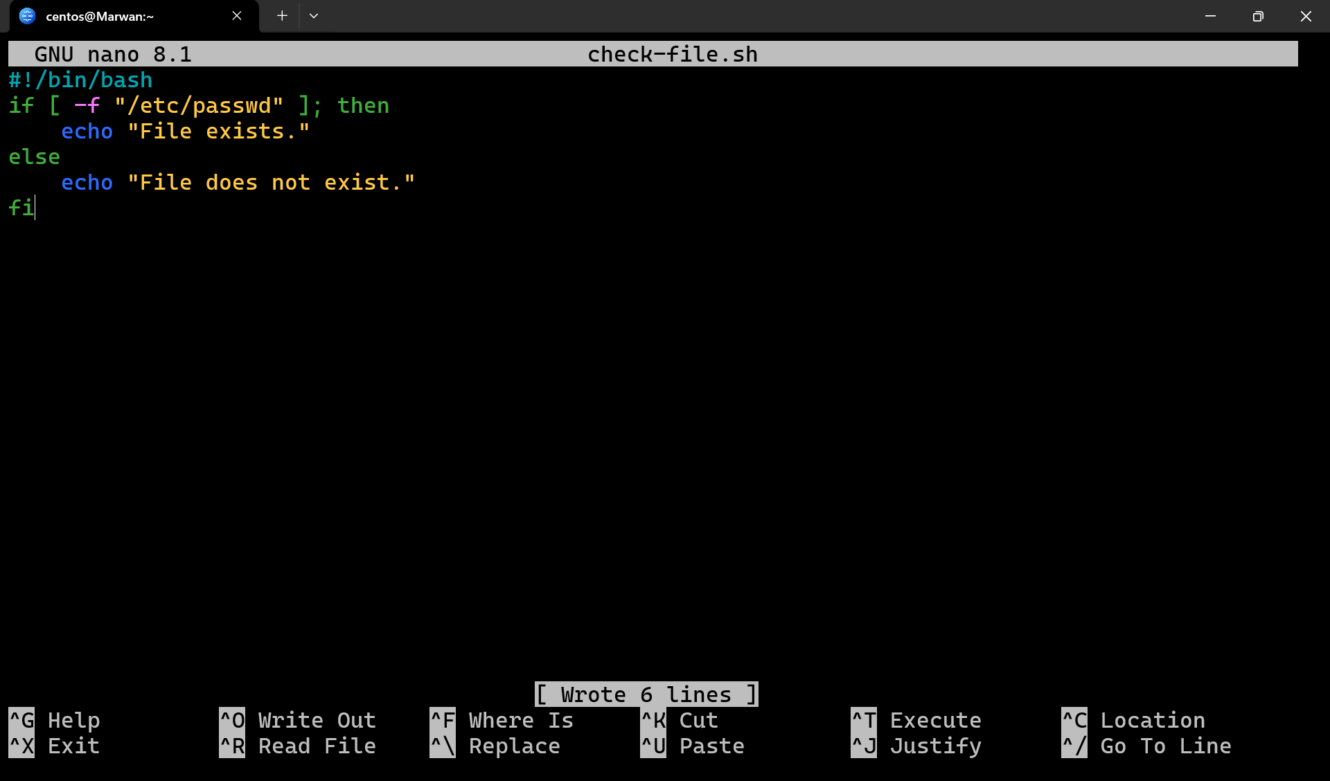 Nano editor showing if statement checking whether /etc/passwd exists