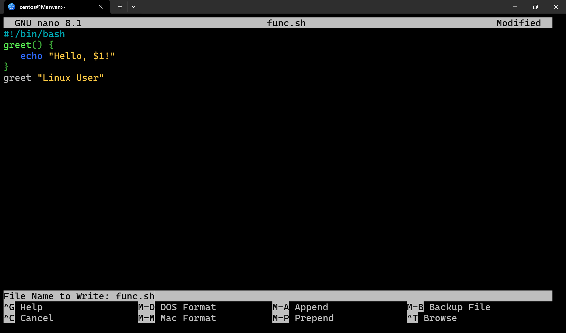 Nano editor showing greet function script called with Linux User