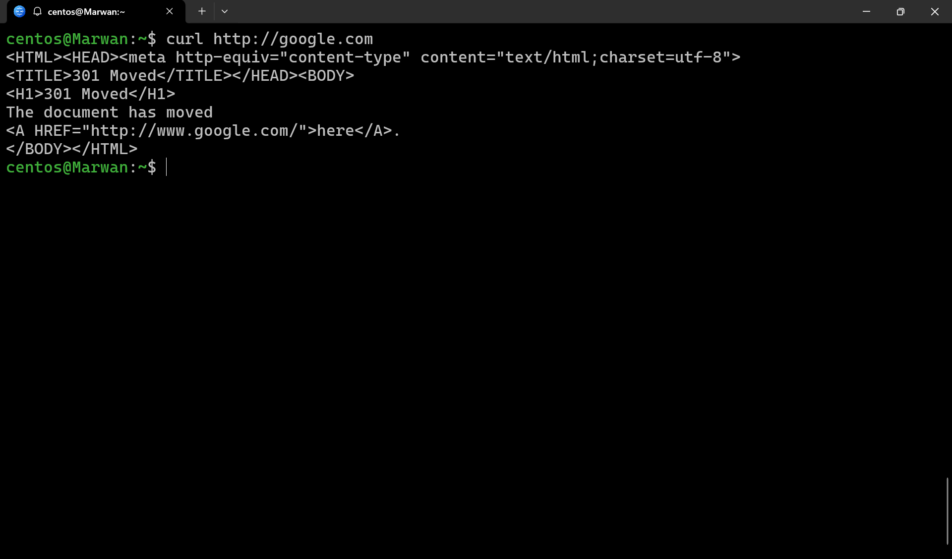 Terminal output of curl showing 301 Moved response from google.com